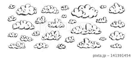 Quirky sketch clouds illustration with doodles. Naive doodle sky with playful cloudy elements in pencil-textured hatching design for nursery decor. Vector windy dream linear background 141391454