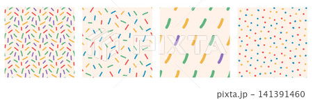 Small dash and polka dot in sprinkle seamless pattern set with random scattered confetti. Cute mini lines pieces on beige for birthday card. Rainbow vector small dash aop prints pack isolated Small dash and polka dot in sprinkle seamless pattern set with random scattered confetti. Cute mini lines pieces on beige for birthday card. Rainbow vector small dash aop prints pack isolated 141391460
