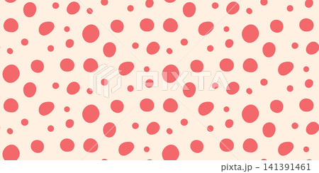 Irregular polka dot seamless pattern with organic uneven shapes in red on beige. Playful hand drawn dots for kid textile print and wallpaper. Simple vector polka repeat as fun groovy coastal bg Irregular polka dot seamless pattern with organic uneven shapes in red on beige. Playful hand drawn dots for kid textile print and wallpaper. Simple vector polka repeat as fun groovy coastal bg 141391461
