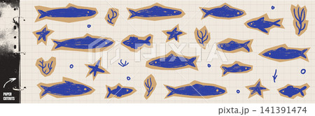 Fish doodle paper cutout and sardine for scrapbook sticker. Crayon scissors cut shape collage with naive ocean seaweed, star silhouette and grid page. Vector doodle fish set for kids journal isolated Fish doodle paper cutout and sardine for scrapbook sticker. Crayon scissors cut shape collage with naive ocean seaweed, star silhouette and grid page. Vector doodle fish set for kids journal isolated 141391474