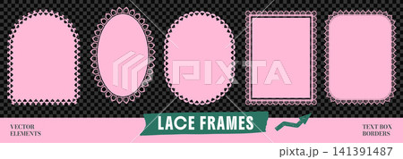 Elegant lace frames with scallop border pattern for text box. Cute oval and rectangle shapes, floral heart edge in pink. Vector frame set on dark checkered bg as transparent png 141391487