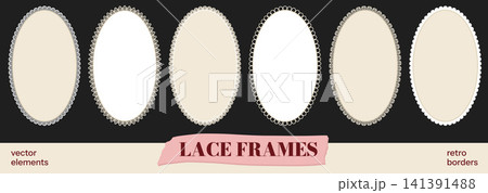 Retro scallop frames with lace border and doily pattern. Feminine oval or ellipse shapes in beige and white eyelet crochet for photo. Vector retro frame set with scalloped trim on black background Retro scallop frames with lace border and doily pattern. Feminine oval or ellipse shapes in beige and white eyelet crochet for photo. Vector retro frame set with scalloped trim on black background 141391488
