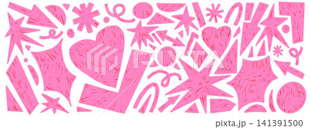 Geometric crayon shapes in pink sketchy and hand drawn pencil texture. Crayon doodle text box elements for girly poster or kids label and card. Geometric vector heart, star figures set isolated Geometric crayon shapes in pink sketchy and hand drawn pencil texture. Crayon doodle text box elements for girly poster or kids label and card. Geometric vector heart, star figures set isolated 141391500
