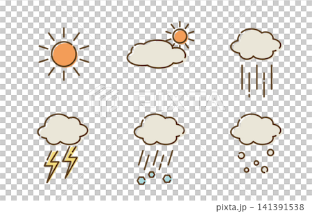 天氣圖示集:晴天、多雲、雨天、雷暴、雨夾雪、雪 天氣圖示集:晴天、多雲、雨天、雷暴、雨夾雪、雪 141391538