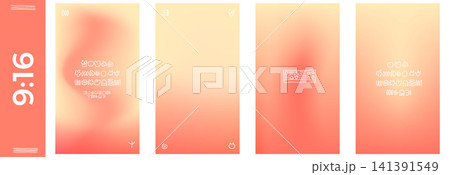 Soft beige background panels in pale coral and salmon for social media carousel and post. Subtle radiant peach sunset gradient with soft blurred grain. Vector gradation set on calm beige background 141391549