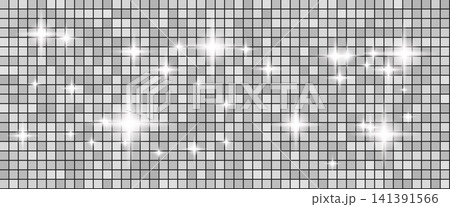 Disco ball backdrop with shiny silver sequin and white mosaic on grey grid for night club poster. Glam glass tile wall with bright glitter and disco ball shine. Vector pattern template 141391566