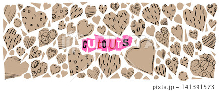 Heart paper cutout with craft collage and scrapbook sticker shape icon. Beige hearts on white as hand drawn pattern doodle for journal. Vector scissors papercuts graphic pack with torn edge isolated 141391573