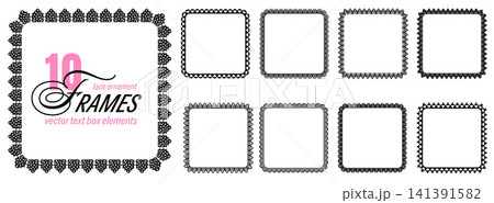 Gothic lace set with frame border and doily pattern for text box. Black square and rectangle shapes in ornate eyelet crochet. Vector lace element set with vintage detail isolated on white for promo Gothic lace set with frame border and doily pattern for text box. Black square and rectangle shapes in ornate eyelet crochet. Vector lace element set with vintage detail isolated on white for promo 141391582
