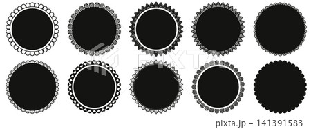Round lace doily frames with scallop border for sticker and label. Black circle pattern edge in gothic lace silhouette and floral detail. Vector frame set with noir crochet detail isolated on white Round lace doily frames with scallop border for sticker and label. Black circle pattern edge in gothic lace silhouette and floral detail. Vector frame set with noir crochet detail isolated on white 141391583