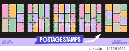 Stamp and postage frame set with mixed rectangular sizes and zigzag edges. Green yellow purple and pink postage shapes form a playful mosaic. Bright vector stamp collection for greeting card design Stamp and postage frame set with mixed rectangular sizes and zigzag edges. Green yellow purple and pink postage shapes form a playful mosaic. Bright vector stamp collection for greeting card design 141391623