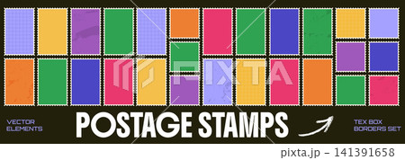 Photo and stamp frame templates set with serrated rectangles in varied vertical and wide layouts. Orange green violet and blue stamp shapes form a bold grid. Vector photo collection for poster design Photo and stamp frame templates set with serrated rectangles in varied vertical and wide layouts. Orange green violet and blue stamp shapes form a bold grid. Vector photo collection for poster design 141391658
