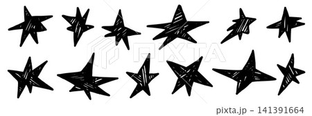 Handmade star and chalk doodle glint with linocut crayon blinks for grungy poster. Hand drawn star figures with linocut texture. Vector magic spark set isolated for advertizing design 141391664