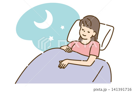 ベッドで眠りにつく女性、夜空の夢 ベッドで眠りにつく女性、夜空の夢 141391716