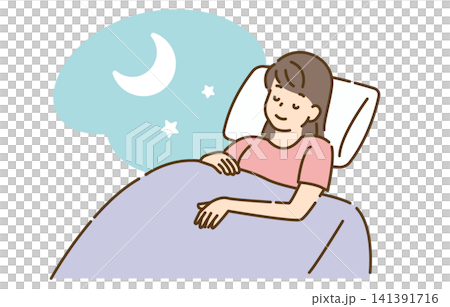 ベッドで眠りにつく女性、夜空の夢 ベッドで眠りにつく女性、夜空の夢 141391716