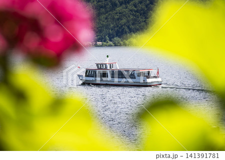 Boat cruising on Lake Hallstatt in Austria with blurred floral foreground, illustrating scenic summer lake tourism in Europe. Boat cruising on Lake Hallstatt in Austria with blurred floral foreground, illustrating scenic summer lake tourism in Europe. 141391781