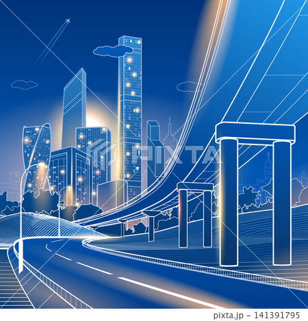 Modern city skyline with elevated highway over a curved road, futuristic urban infrastructure and illuminated skyscrapers at dusk. Clean blue line art vector illustration representing smart transport Modern city skyline with elevated highway over a curved road, futuristic urban infrastructure and illuminated skyscrapers at dusk. Clean blue line art vector illustration representing smart transport 141391795