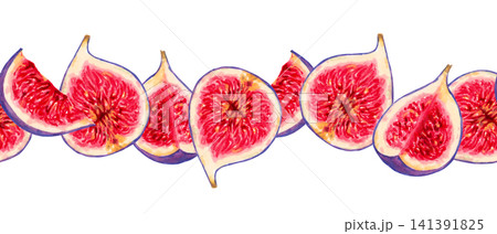 Seamless horizontal banner with sliced purple figs. Botanical watercolor illustration. Hand-drawn isolated art. Frame for farm product packaging, menu and recipes. Fruit harvesting and production. Seamless horizontal banner with sliced purple figs. Botanical watercolor illustration. Hand-drawn isolated art. Frame for farm product packaging, menu and recipes. Fruit harvesting and production. 141391825