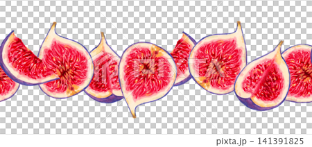 Seamless horizontal banner with sliced purple figs. Botanical watercolor illustration. Hand-drawn isolated art. Frame for farm product packaging, menu and recipes. Fruit harvesting and production. Seamless horizontal banner with sliced purple figs. Botanical watercolor illustration. Hand-drawn isolated art. Frame for farm product packaging, menu and recipes. Fruit harvesting and production. 141391825