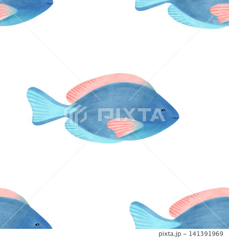 Seamless pattern with blue surgeonfish. Watercolor illustration of a tropical marine animal. Hand drawn blue tang cartoon sketch of underwater fauna for fabric, textiles, wallpaper and nursery decor. 141391969