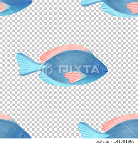 Seamless pattern with blue surgeonfish. Watercolor illustration of a tropical marine animal. Hand drawn blue tang cartoon sketch of underwater fauna for fabric, textiles, wallpaper and nursery decor. 141391969