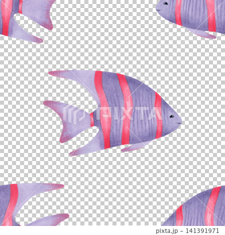 Seamless pattern watercolor childrens illustration of angelfish. Hand-drawn sea animal would for a nursery or baby shower. Cartoon sketch of underwater angel fish makes background, wallpaper. Seamless pattern watercolor childrens illustration of angelfish. Hand-drawn sea animal would for a nursery or baby shower. Cartoon sketch of underwater angel fish makes background, wallpaper. 141391971