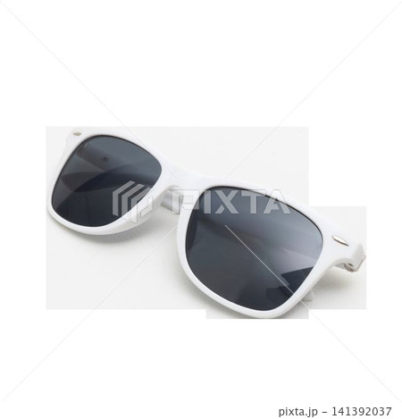 White wayfarer sunglasses with dark lenses on black background 141392037