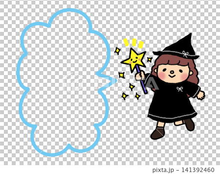 ハロウィンかわいい魔女の女の子のイラスト、メモ、吹き出しフレーム ハロウィンかわいい魔女の女の子のイラスト、メモ、吹き出しフレーム 141392460