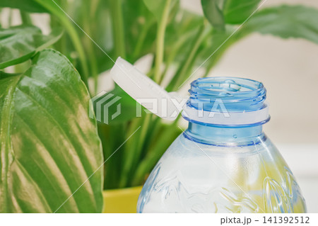 Macro view of an open clear blue plastic bottle showing attached white tethered cap designed under European eco regulation near lush green houseplant leaf 141392512
