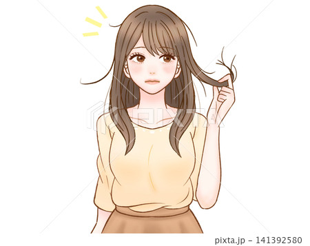 ダメージヘアと枝毛を気にする大人女性のイラスト素材3 141392580