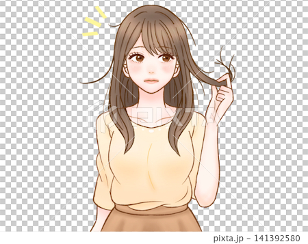 ダメージヘアと枝毛を気にする大人女性のイラスト素材3 141392580