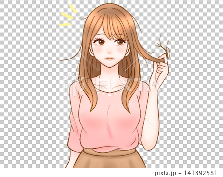 Illustration 4 of an adult woman concerned about damaged hair and split ends Illustration 4 of an adult woman concerned about damaged hair and split ends 141392581
