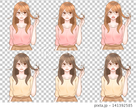A set of illustrations for adult women concerned about damaged hair and split ends (4 illustrations) 141392585