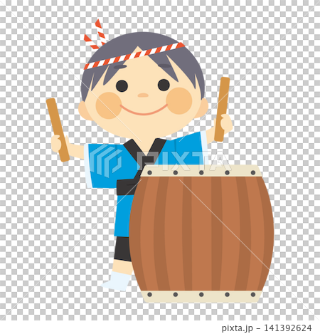 A child in a happi coat playing a Japanese drum. A child in a happi coat playing a Japanese drum. 141392624