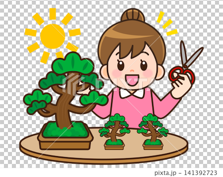 Illustration of a woman growing bonsai Illustration of a woman growing bonsai 141392723