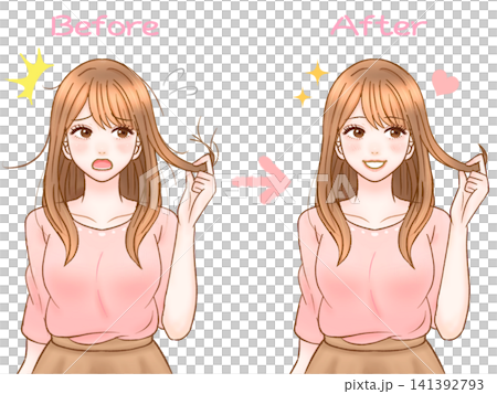 Illustration of an adult woman improving the hair quality of damaged hair. Illustration of an adult woman improving the hair quality of damaged hair. 141392793
