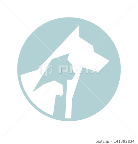 Modern minimalist vector icon featuring negative space silhouettes of a dog, cat, and bird in a soft blue circle. Ideal for veterinary, pet care, and animal shelter branding. Modern minimalist vector icon featuring negative space silhouettes of a dog, cat, and bird in a soft blue circle. Ideal for veterinary, pet care, and animal shelter branding. 141392834
