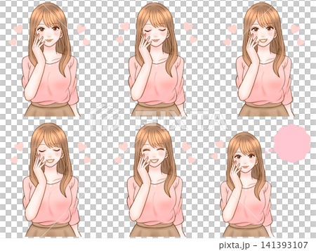 A set of illustrations of an adult woman with her hand on her cheek, looking blissful. A set of illustrations of an adult woman with her hand on her cheek, looking blissful. 141393107