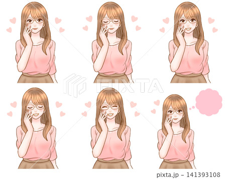 頬に手を当ててうっとりする大人女性のイラスト素材セット2 頬に手を当ててうっとりする大人女性のイラスト素材セット2 141393108