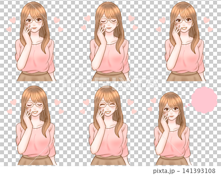 頬に手を当ててうっとりする大人女性のイラスト素材セット2 頬に手を当ててうっとりする大人女性のイラスト素材セット2 141393108