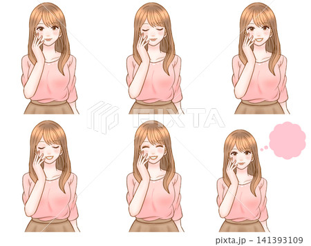 頬に手を当ててうっとりする大人女性のイラスト素材セット3 頬に手を当ててうっとりする大人女性のイラスト素材セット3 141393109