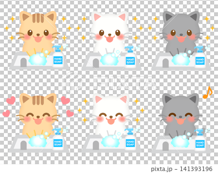 Cat washing its hands illustration set 3 Cat washing its hands illustration set 3 141393196