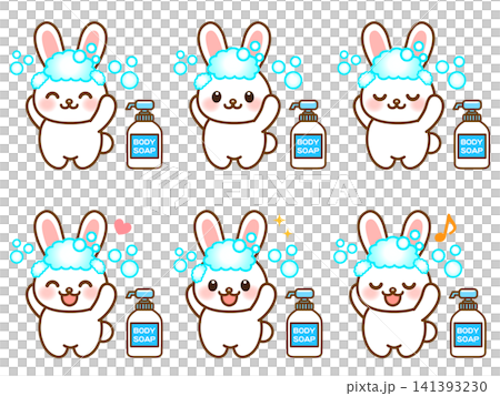 A set of illustrations of a rabbit washing its head. A set of illustrations of a rabbit washing its head. 141393230