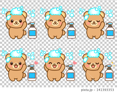 A set of 5 illustrations of a bear washing its head. A set of 5 illustrations of a bear washing its head. 141393353