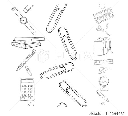 education student kids elementary School paperclip set Seamless vertical border frame template Black and white hand drawn illustration. Vector graphic line ink art. For logo, web, package, sticker. 141394682