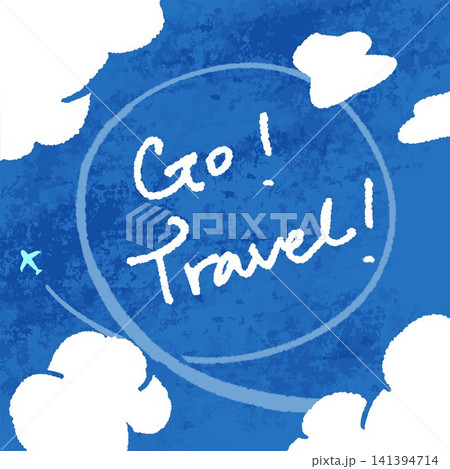 旅行イメージのスクエアバナー　青空と雲と飛行機の背景テンプレート　手描き風イラスト 141394714