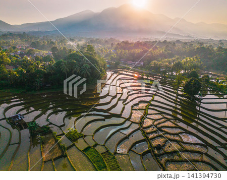 Aerial view of the lush Tegalalang landscape featuring a winding river flowing through dense tropical forest and terraced fields in Indonesia Aerial view of the lush Tegalalang landscape featuring a winding river flowing through dense tropical forest and terraced fields in Indonesia 141394730