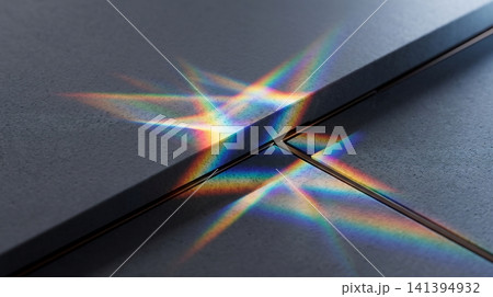 Vibrant rainbow light refraction casting geometric prismatic patterns across dark textured gray stone tile surfaces with refraction with refraction Vibrant rainbow light refraction casting geometric prismatic patterns across dark textured gray stone tile surfaces with refraction with refraction 141394932