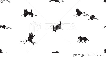 cat seamless pattern in bush black kitten calico pet cartoon vector gift wrapping paper tile background repeat wallpaper doodle illustration isolated design 141395125