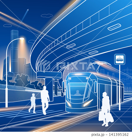 Modern urban tram at a city station beneath an elevated highway with illuminated skyscrapers and passengers. Blue outline vector illustration of sustainable public transportation and smart city infras 141395162
