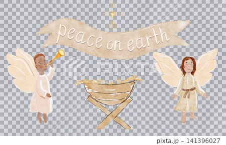 Pair of angels, star, manger, ribbon reading Peace on earth lettering, with warm accents textures. Watercolor on light grey background perfect for Christmas cards, decor, inspirational holiday designs 141396027